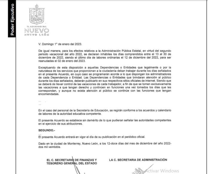 El Gobierno del Estado de Nuevo León, publicó en el Periódico Oficial un decreto para adelantar el periodo vacacional a sus funcionarios públicos.