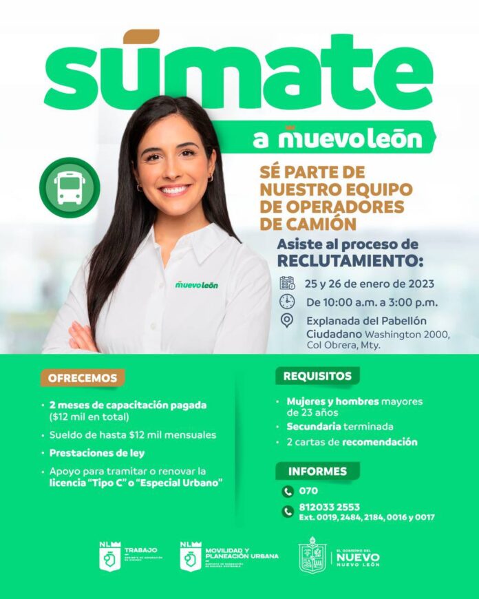 El Gobierno del Estado de Nuevo León busca reclutar por lo menos mil 600 operadores de camiones para sumarse al  programa Muevo León.