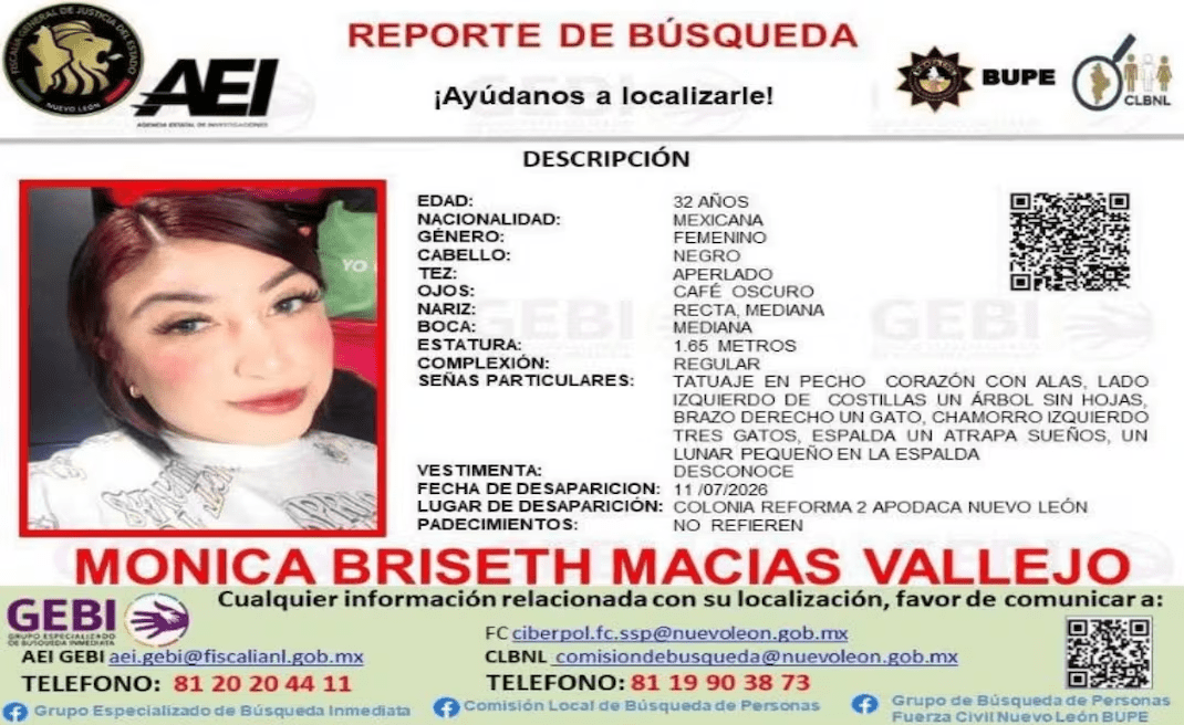 Ficha de búsqueda de Monica Briseth Macias Vallejo, emitida por las autoridades estatales.